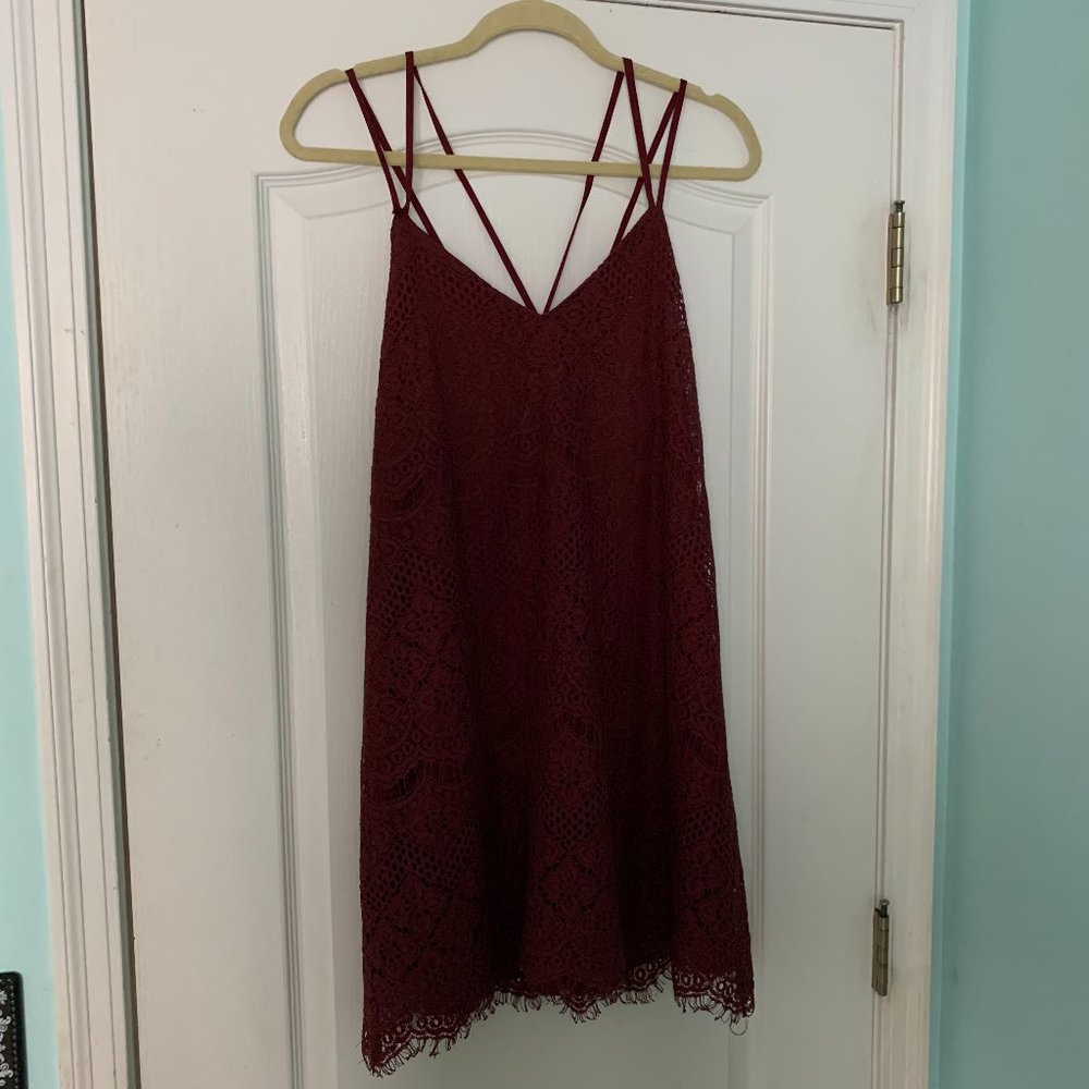 Wine Red Lace-Cover, Multi-Strap Slip Dress